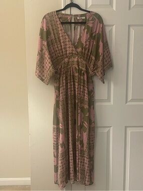 Zele Pink and Olive Floral Wrap Maxi Dress